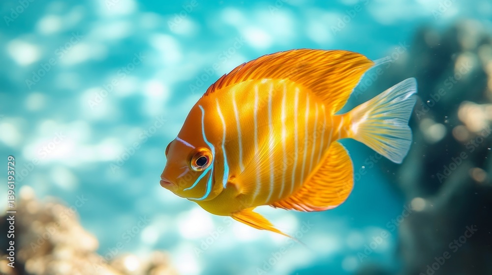 Naklejka premium Bright orange tropical fish swimming gracefully in clear blue ocean waters near coral reefs