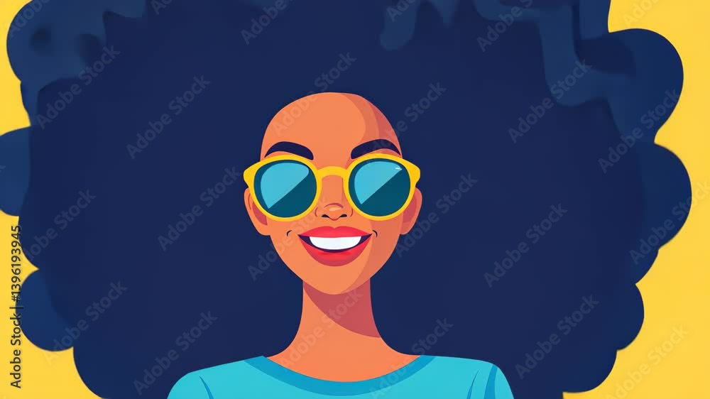 A joyful woman with sunglasses stands out in this vibrant cartoonstyle portrait, showcasing modern flat design elements.
