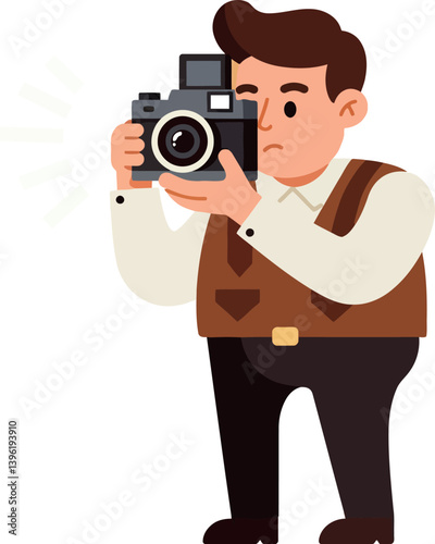 A vintage photographer capturing a moment with a camera in a flat vector illustration