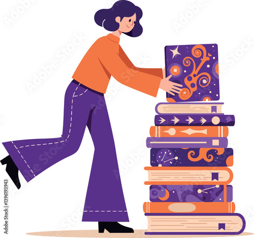 A woman stacking colorful books in a cheerful setting with flat design vector art