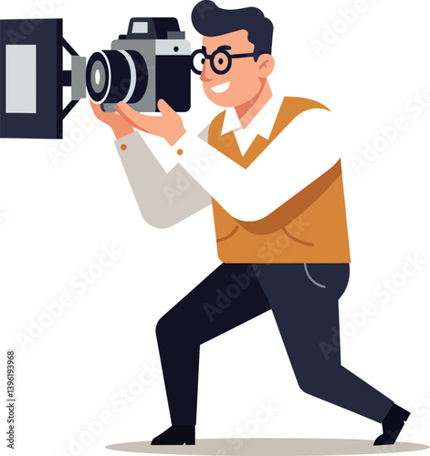 A photographer in a stylish outfit capturing images with a camera in flat vector art