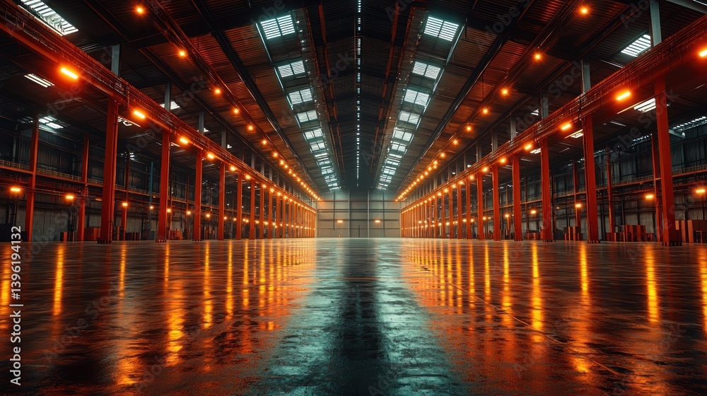 Fototapeta premium Industrial warehouse interior, spacious and modern