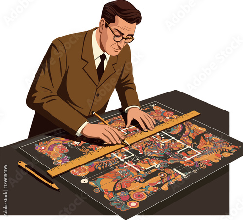 A man in a brown suit carefully designing a colorful layout with a ruler in flat vector art