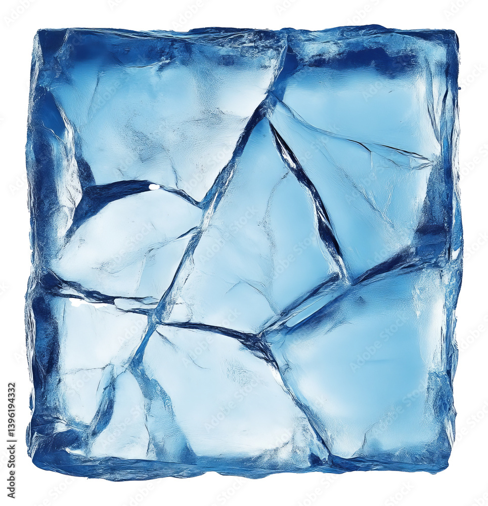 Cracked translucent blue ice cube on a transparent background, 3d illustration Cracked translucent blue ice cube on a transparent background, 3d illustration