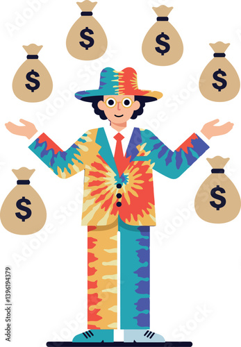 Colorful juggler in vibrant attire balancing money bags in a playful flat vector art