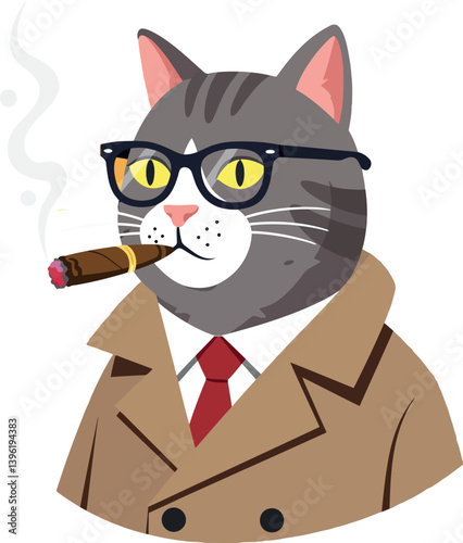 A sophisticated cat in a trench coat and glasses enjoying a cigar in a flat vector art style