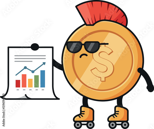 A cool coin character on roller skates holding a financial report in flat vector art