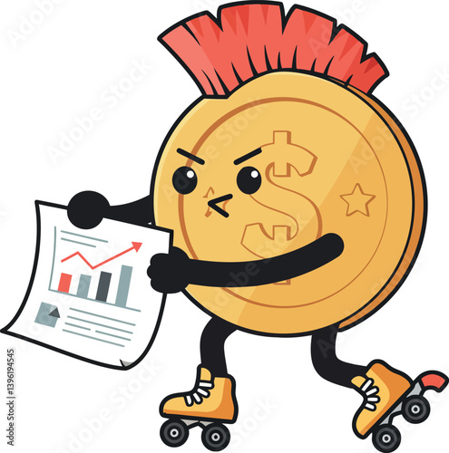 Cartoonish coin character on roller skates holding a financial report in a playful flat vector illustration