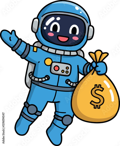 Cheerful astronaut character in blue suit holding a money bag in a playful flat vector illustration