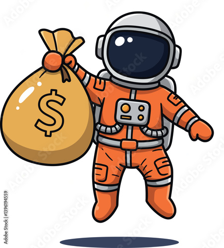 Astronaut in an orange suit joyfully holding a money bag, flat vector illustration