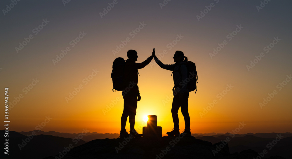 Hikers celebrating a triumphant sunrise summit high-five against a fiery orange and yellow sky silhouette Hikers celebrating a triumphant sunrise summit high-five against a fiery orange and yellow sky silhouette