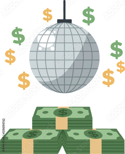 Shiny disco ball reflecting light above stacks of money in flat vector art