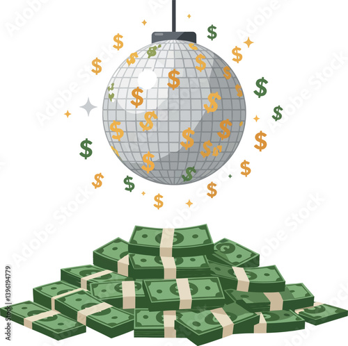 A glittering disco ball above a pile of cash in a flat vector illustration