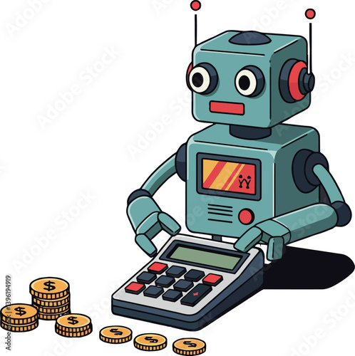 Robot accountant calculating finances with coins and calculator in flat vector art