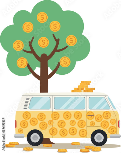 A whimsical yellow van surrounded by a money tree and coins in flat vector art