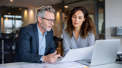 A man and a woman are sitting at a desk looking at a laptop