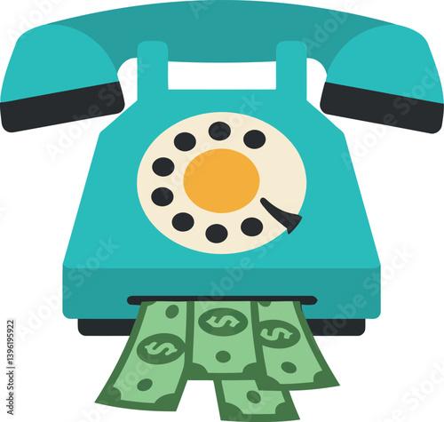 Vintage telephone with money bills emerging, flat vector illustration