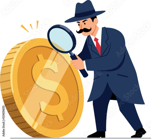A detective examining a large gold coin with a magnifying glass in flat vector art