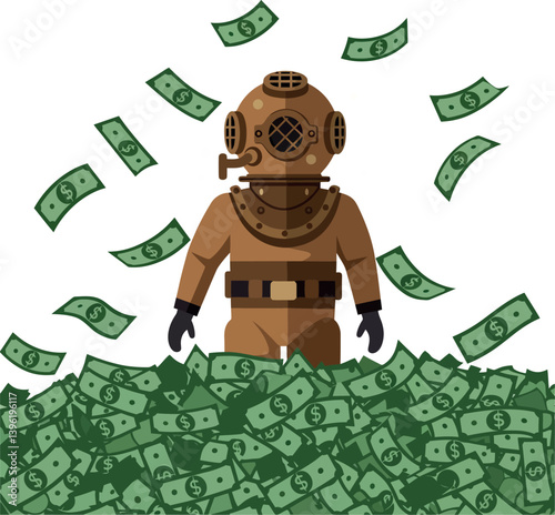 Diver in vintage diving suit surrounded by floating dollar bills in a flat vector illustration