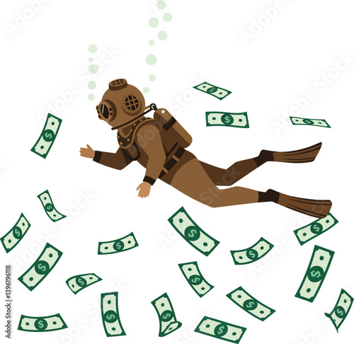 Diver in vintage diving suit swimming through floating dollar bills in a playful and whimsical flat vector illustration