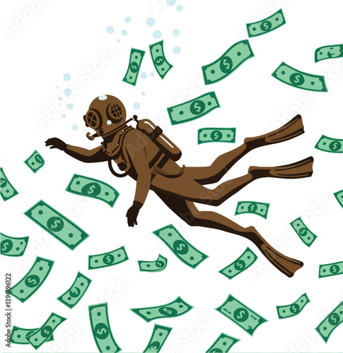 A diver swimming among floating dollar bills in a whimsical flat vector illustration