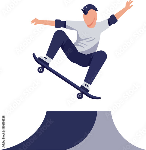 Skateboarder performing a jump on a ramp in flat vector art style illustrating dynamic movement and youthful energy