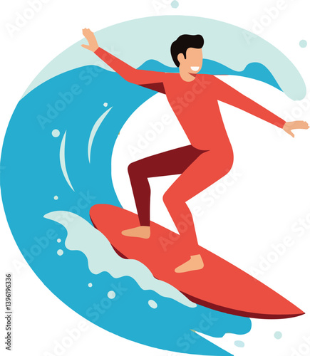 Surfer riding a vibrant wave in a dynamic pose with flat vector art style