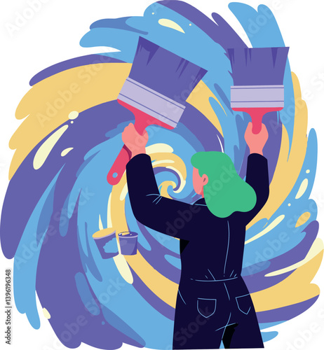 A person painting a colorful swirled background with bold brushes in a flat vector illustration