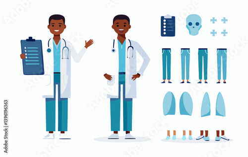 Two doctors with clipboard and stethoscope with skull and lungs and legs and feet on a white background