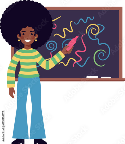 A cheerful woman with an afro hairstyle presenting colorful drawings on a chalkboard in flat vector art