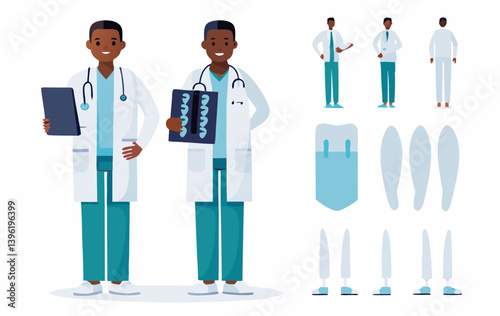 Two doctors in white coats holding a clipboard and x ray with other medical elements scattered