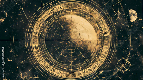 Wallpaper Mural Celestial zodiac engraving with ancient symbols. ethereal engraving. illustration. Ancient Etchings. Illustration Torontodigital.ca