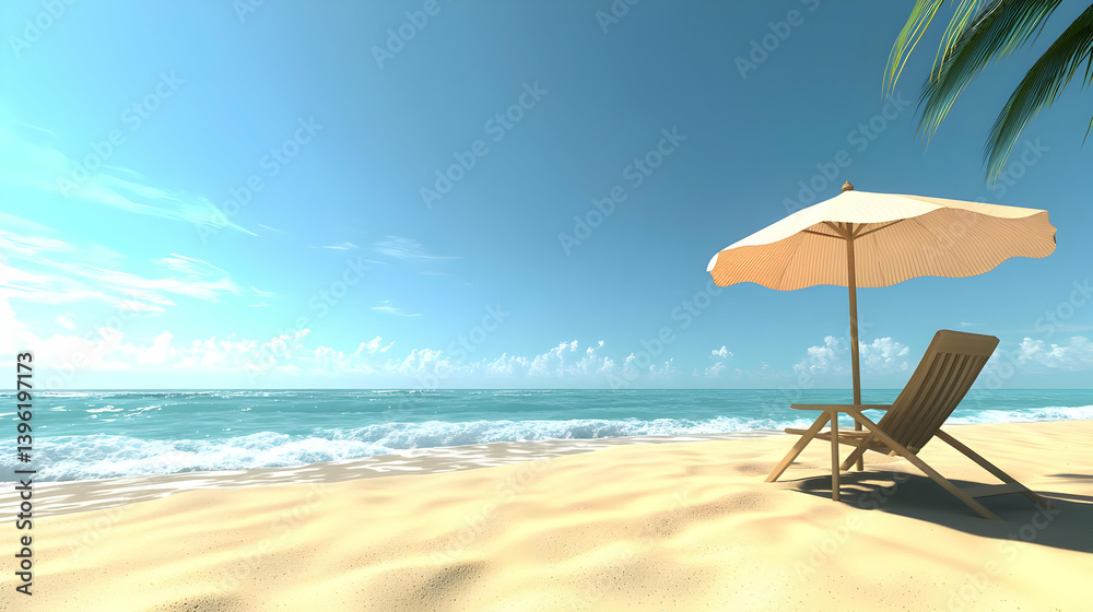 Empty Beach Scene With Wooden Chair And Umbrella Under Sunny Sky Empty Beach Scene With Wooden Chair And Umbrella Under Sunny Sky