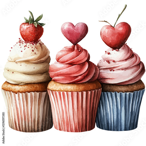 Love-themed cupcakes, watercolor illustration, isolated on a white background.

