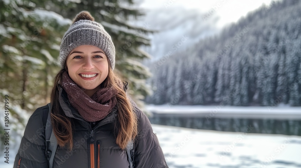 Portrait of a smiling woman wearing winter clothes in a snowy forest landscape with a frozen lake Portrait of a smiling woman wearing winter clothes in a snowy forest landscape with a frozen lake