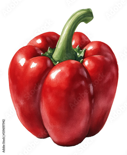 Red bell pepper illustration with green stem and shiny surface detail