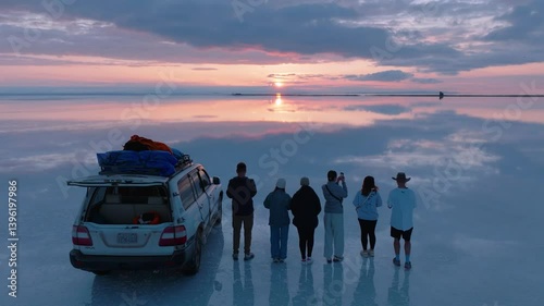 A group of 6 people standing in the Uyuni Desert at sunrise, with a drone flying over them, capturing the vastness of the desert with a small reflective water patch mirroring the sky.