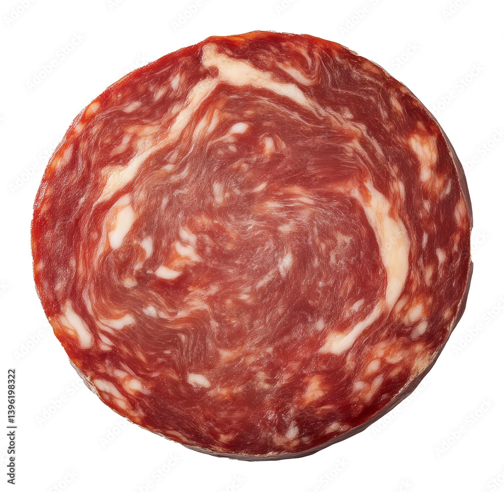 Close-up of a single slice of marbled salami on a transparent background, culinary concept Close-up of a single slice of marbled salami on a transparent background, culinary concept