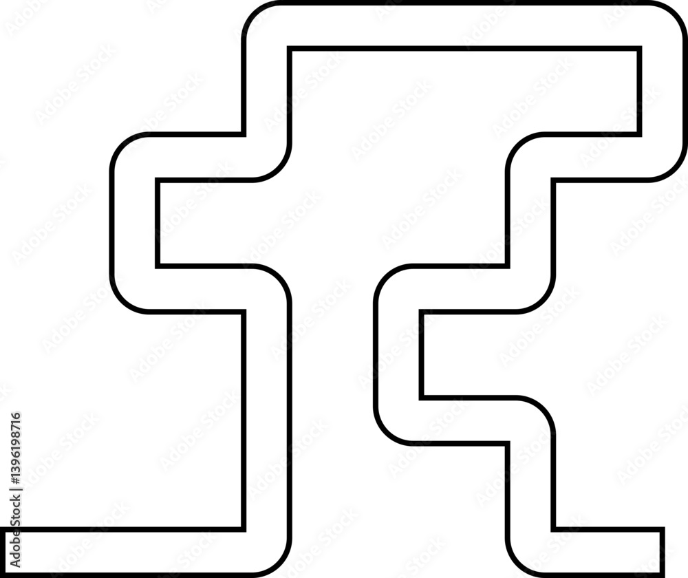 Geometric outline of irregular squared waves arranged in a linear abstract path with modular maze features and curved corners.