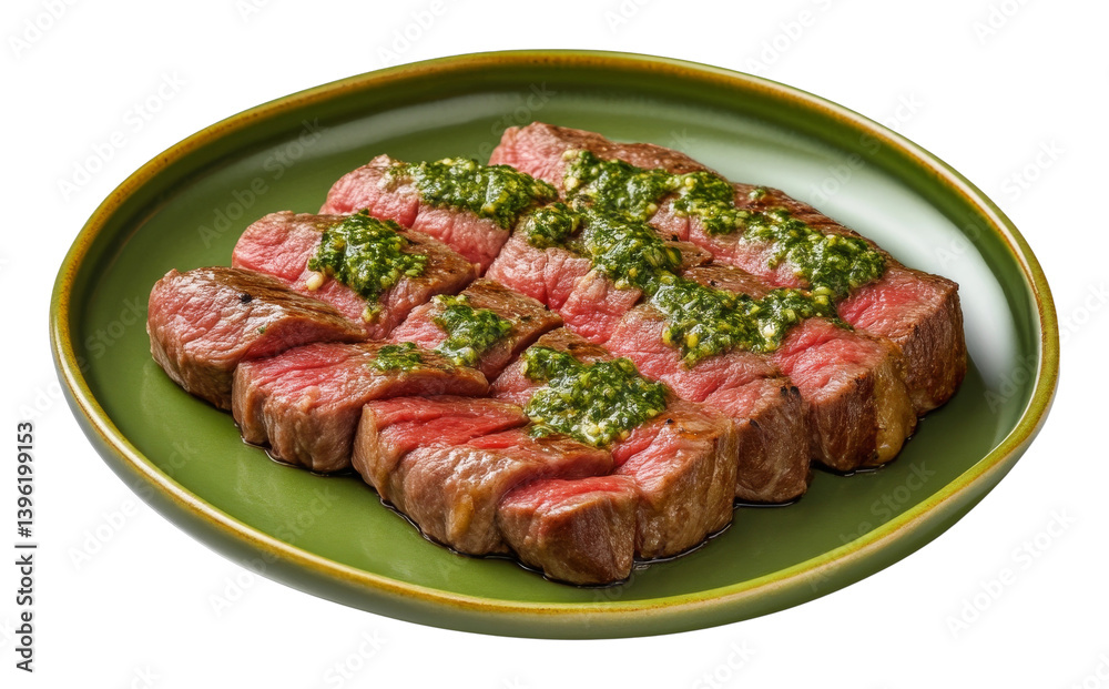 Succulent steak topped with green herb sauce on a green plate, culinary delight Succulent steak topped with green herb sauce on a green plate, culinary delight