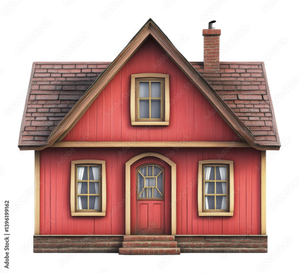 Red wooden house with shingle roof and chimney on transparent background, 3d illustration of cozy home Red wooden house with shingle roof and chimney on transparent background, 3d illustration of cozy home