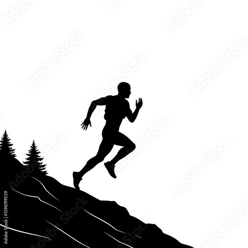 Silhouette of a runner ascending a mountain trail during a vigorous uphill run in nature