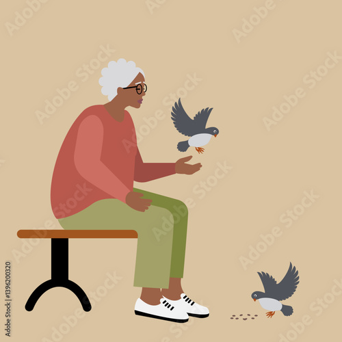 Senior woman sitting on a bench feeding pigeons 
