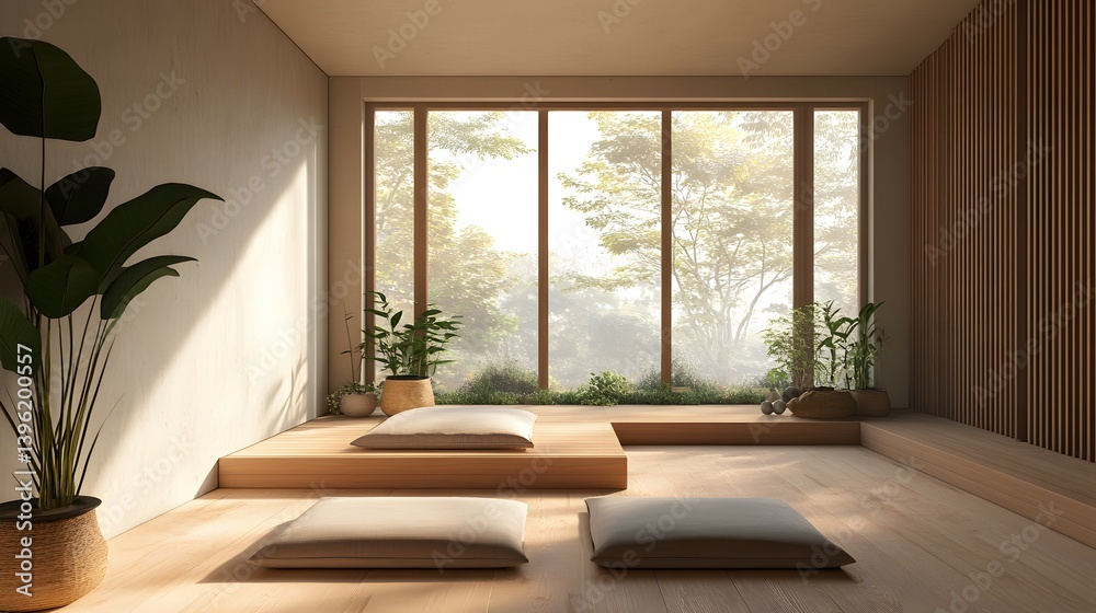 Fototapeta premium Minimalist room with cushions and platforms overlooking nature light wood tones.
