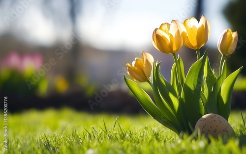 Three yellow tulips bloom beside a small egg nestled in the grass, celebrating the joyful essence of Easter.