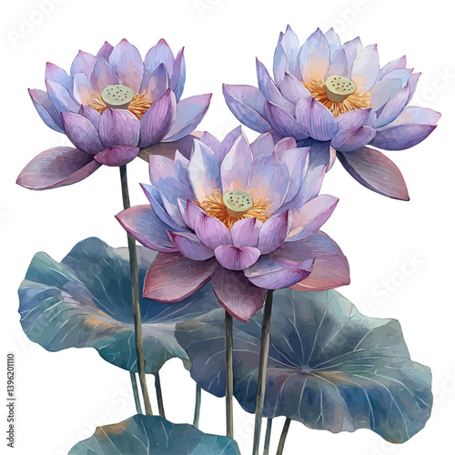 Lotus branch, watercolor illustration, isolated on a white background.

