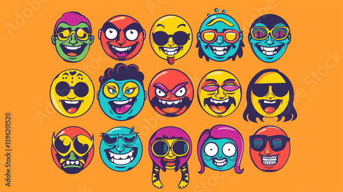 Set of 70s groovy comic faces vector. Collection of cartoon character faces, leg, hand in different emotions happy, angry, sad, cheerful. Cute retro groovy hippie illustration for decorative, sticker.