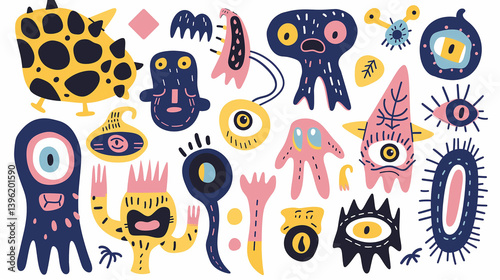 Set of colorful funny shape element vector. Collection of cartoon characters, cute doodle dawn, geometric, organic shape with fun eye. Design for decorative, sticker, toys and kids