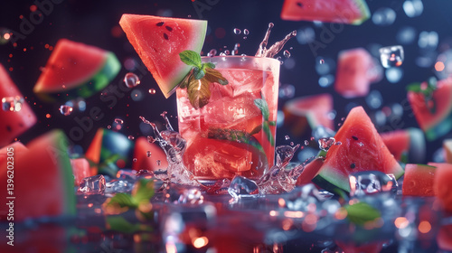 Watermelon soda splashing out of a glass, surrounded by ice cubes and watermelon slices, watermelon soda, refreshing summer drink 