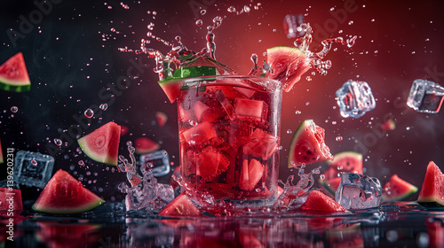 Watermelon soda splashing out of a glass, surrounded by ice cubes and watermelon slices, watermelon soda, refreshing summer drink 